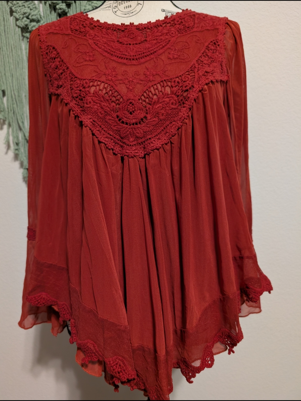 Bohemian Crochet Yoke Long-Sleeve Tunic in Deep Red